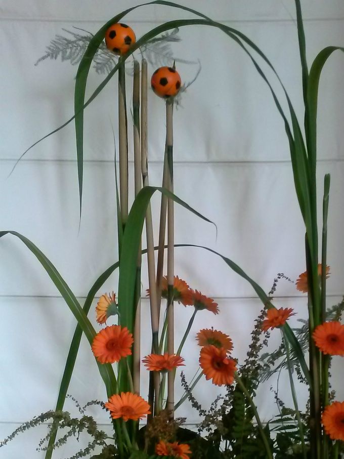 Voetbalarrangement met twee ballen/twee wedstrijden en meer oranje gerbera´s .Dus alle kracht die ze hebben wordt nu ingezet!
Oranje: Vrolijkheid, kracht, warmte, gezelligheid, vitaliteit, optimisme, extravert, aandacht, beweging, feestelijkheid, sportiviteit en ENERGIE!!!!